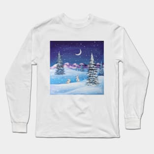 snowy mountain pine tree snow night scenery winter bunny Long Sleeve T-Shirt